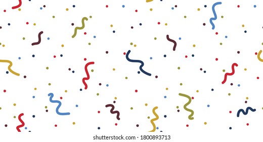 Seamless geometric pattern with colorful circles and lines on a white background. Rainbow confetti. Isolated background. Great for fabric, wallpaper, textile, wrapping. Vector illustration.