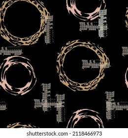 Seamless geometric pattern with colorful circles and canvas effect stripes. Hand-drawn background with grunge effect for printing on fabric, clothing, home textiles, wallpaper, gift wrapping.