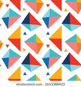 Padrão geométrico contínuo de losango colorido e formas de triângulo em vermelho, azul, amarelo, rosa e azul escuro em um fundo branco.