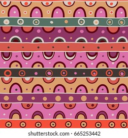 Seamless geometric pattern with colorful dots, circles, arcs. Ethnic motifs. Vector illustration.