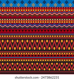 Seamless geometric pattern, colorful fabric pattern on red background.