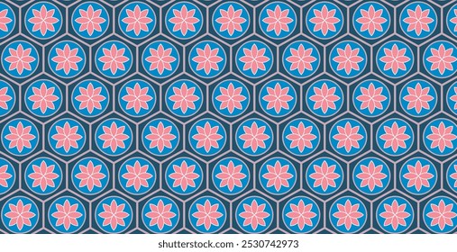 Patrón geométrico inconsútil de flores coloridas en un fondo azul oscuro de hexágonos apilados. Perfecto para imprimir, fondos de diseño, Fondo de pantalla y azulejos, envoltura de regalos