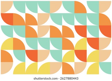Padrão geométrico contínuo com semicírculos e quadrados coloridos em amarelo, laranja, menta e bege sobre fundo branco.