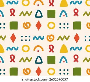 Seamless geometric pattern with colorful hand-drawn shapes in retro Memphis style. Great for textiles, wallpapers, kids’ products, wrapping paper, branding, backgrounds, and digital design.