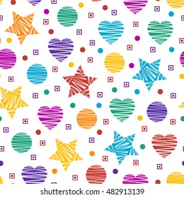 Seamless geometric pattern with colorful hearts, stars, squares, circles isolated on white background. Vector illustration for home and fashion design. Holiday Christmas and Happy new Year wallpaper. 