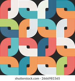 A seamless geometric pattern of colorful interlocking curved ribbon shapes in teal, orange, red, green, and white, arranged in a bold, symmetrical layout on a dark background.