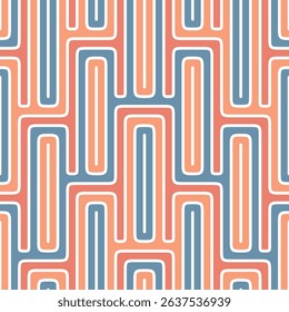 Seamless geometric pattern with a colorful, intricate maze design of thin blue, white, and orange lines in a contemporary retro ethnic style.   Striped background. Abstract vector illustration.