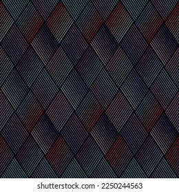 Seamless geometric pattern with colorful lines on dark background. Vector illustration. Texture for print, textile, fabric, packaging.