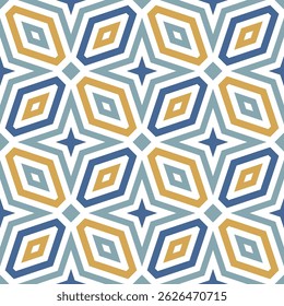 Seamless geometric pattern with a colorful modern design of blue and yellow diamond shapes on a white background. Simple and trendy style. Abstract vector illustration.
