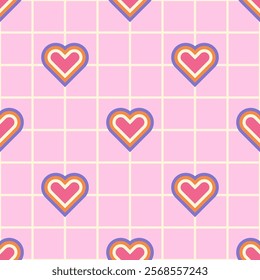 Seamless geometric pattern with colorful outlined hearts in light yellow grid on a pastel pink background. Nostalgic design in 90s aesthetic for girly-themed projects, scrapbooking, packaging, etc.