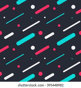 Seamless geometric pattern. Colorful parallel lines and circles on dark background. Vector eps10.