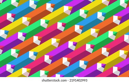 Seamless geometric pattern with colorful pencils in flat style. Vector. Pattern of colored pencils in axonometry, school background, background for a flyer in the style of back to school