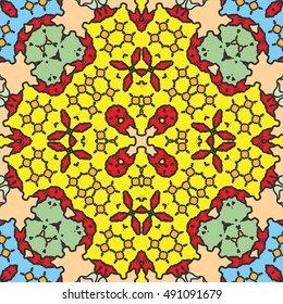 Seamless geometric pattern, colorful repeating texture. Contemporary graphic design for textile or paper print, ethnic ornament. Abstract seamless background in mosaic art style. Vector illustration