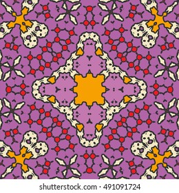 Seamless geometric pattern, colorful repeating texture. Contemporary graphic design for textile or paper print, ethnic ornament. Abstract seamless background in mosaic art style. Vector illustration