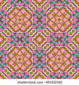 Seamless geometric pattern, colorful repeating texture. Contemporary graphic design for textile or paper print, ethnic ornament. Abstract background in mosaic art style. Vector illustration