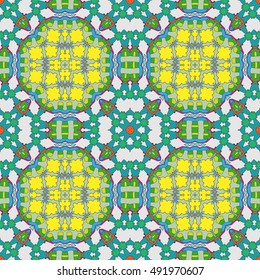 Seamless geometric pattern, colorful repeating texture. Contemporary graphic design for textile or paper print, ethnic ornament. Abstract seamless background in mosaic art style. Vector illustration