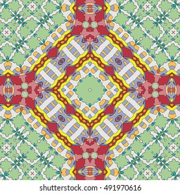 Seamless geometric pattern, colorful repeating texture. Contemporary graphic design for textile or paper print, ethnic ornament. Abstract seamless background in mosaic art style. Vector illustration