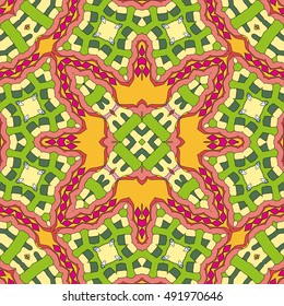 Seamless geometric pattern, colorful repeating texture. Contemporary graphic design for textile or paper print, ethnic ornament. Abstract seamless background in mosaic art style. Vector illustration
