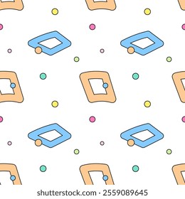 Seamless geometric pattern with colorful rhombuses, squares, and scattered dots on a white background for design projects.