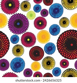 Seamless geometric pattern with colorful rosette; different rosette design witn grunge contour