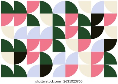 Padrão geométrico contínuo com semicírculos coloridos e círculos de quarto em rosa, verde, creme, preto e azul claro no branco.