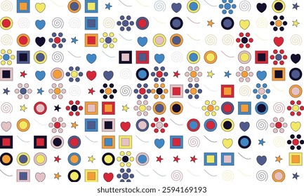 A seamless geometric pattern with colorful squares, circles, hearts, stars, and floral motifs. The vibrant red, blue, yellow, and orange tones create a playful, modern design for backgrounds and print