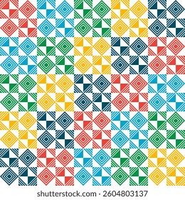 Seamless geometric pattern with colorful squares and diamonds. Patchwork. Modern abstract texture. Vector illustration