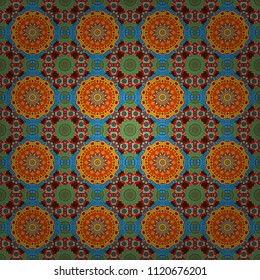 Seamless geometric pattern. Colorful texture. Abstract geometric pattern. Seamless pattern. Blue, orange and brown background. Geometric background with rhombus, dots and nodes.