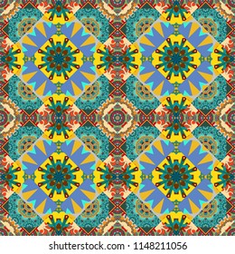 Seamless geometric pattern. Colorful texture. Brown, blue and yellow background. Abstract geometric pattern. Vector seamless pattern. Geometric background with rhombus, dots and nodes.