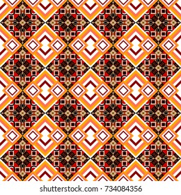 Seamless geometric pattern. Colorful texture. Red, white and orange background. Abstract geometric pattern. Geometric background with rhombus, dots and nodes. Vector seamless pattern.