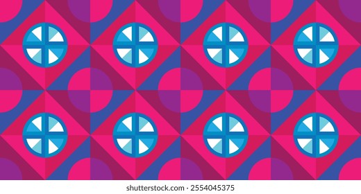 Seamless geometric pattern of colorful triangles and quarter circles. Perfect for printing, design backgrounds, wallpaper and tiles, gift wrapping