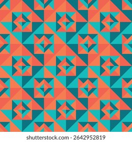 Patrón geométrico sin fisuras con triángulos coloridos y cuadrados en estilo retro. Perfecto para fondos, textiles y papel de regalo.