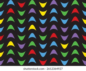 Seamless geometric pattern, colorful wave shapes on black background. Modern abstract design for fabric, wallpaper, wrapping paper. Vibrant retro style blue, red, green, yellow and purple elements