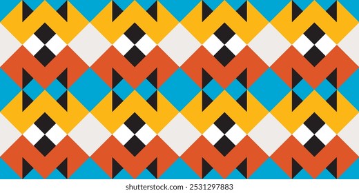 Seamless geometric pattern combination of abstract shapes with colorful rhombus background. Perfect for printing, design backgrounds, wallpaper and tiles, gift wrapping