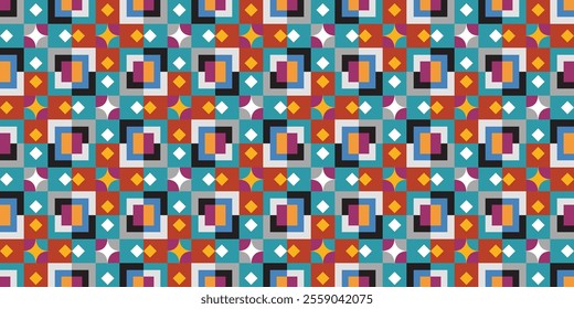 Seamless geometric pattern combination of colorful squares and rhombuses. Perfect for printing, design backgrounds, wallpaper and tiles.