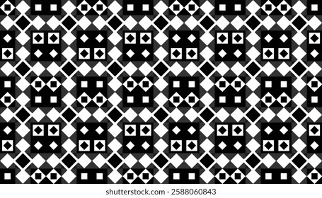 Seamless geometric pattern combination of diamond and square shapes. Arranged in a checkerboard pattern. Black, white, and gray are used to create a contrasting and visually appealing design