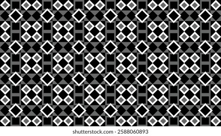 Seamless geometric pattern combination of diamond and square shapes. Arranged in a checkerboard pattern. Black, white, and gray are used to create a contrasting and visually appealing design