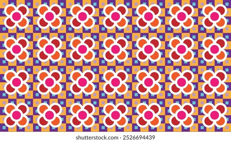 Seamless geometric pattern combination of flower shapes on a background of squares of various sizes and colors. Perfect for printing, design backgrounds, wallpaper and tiles, gift wrapping