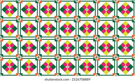 Seamless geometric pattern combination of flower shapes with rhombus background. Perfect for printing, design backgrounds, wallpaper and tiles, gift wrapping