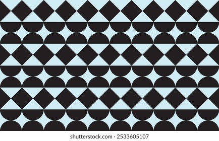 Combinação perfeita de padrões geométricos de losango e formas semicírculo em preto em um plano de fundo azul claro. Perfeito para impressão, fundos de design, papel de parede e azulejos, embrulho para presente