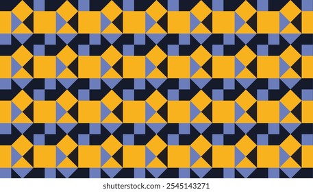 Seamless geometric pattern combination of rhombuses and squares in orange, blue and black colors. Perfect for printing, design backgrounds, wallpaper and tiles, gift wrapping