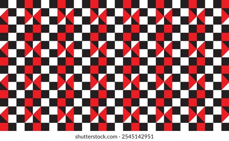 Seamless geometric pattern combination of triangles and squares in white, red and black colors. Perfect for printing, design backgrounds, wallpaper and tiles, gift wrapping