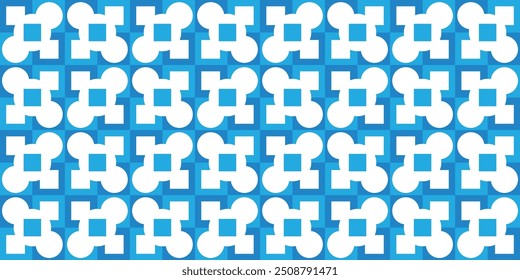 Seamless geometric pattern combination of white circle and square shapes on blue background. Vector design