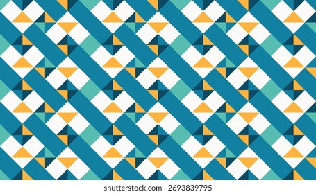 A seamless geometric pattern composed of diagonal lines and triangles in shades of blue, teal, and orange. The modern and dynamic design creates a sense of rhythm and energy