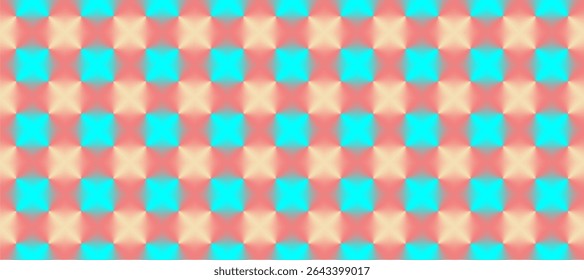 A seamless geometric pattern composed of glowing, soft edged diamond shapes in a grid. The central shapes are vibrant cyan, surrounded by gradients of pink and cream.