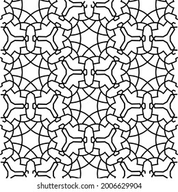Seamless geometric pattern composed of interlocking, abstract shapes resembling gears and spider webs, all in clean black outlines on a white background, creating a bold and dynamic visual rhythm.