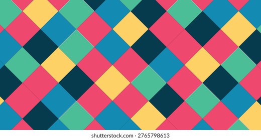 A seamless geometric pattern composed of interlocking diamonds in vibrant shades of pink, teal, yellow, and dark blue.