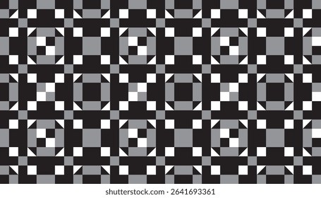 Seamless geometric pattern composed of layered squares and triangle cuts in a grayscale palette. This abstract optical grid design forms a repetitive and hypnotic layout