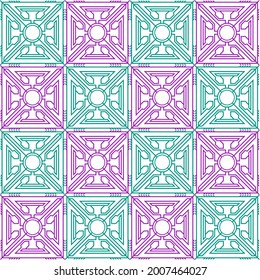 Seamless geometric pattern composed of square tiles with concentric circles and linear triangular forms, alternating in teal and magenta colors for a vibrant, retro modern effect.