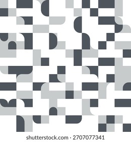 Un patrón geométrico sin fisuras compuesto de cuadrados, rectángulos y Formas redondeadas. La paleta de colores consta de blanco, gris claro y gris oscuro, creando un diseño monocromo y abstracto.